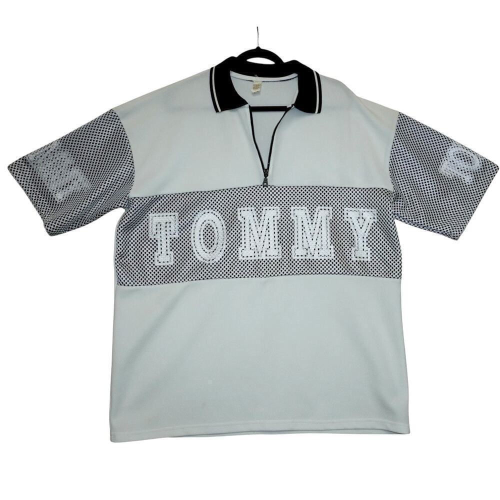 Tommy Hilfiger 90s Mesh Panel Half-Zip Polo Shirt – Black White Logo – Size XL